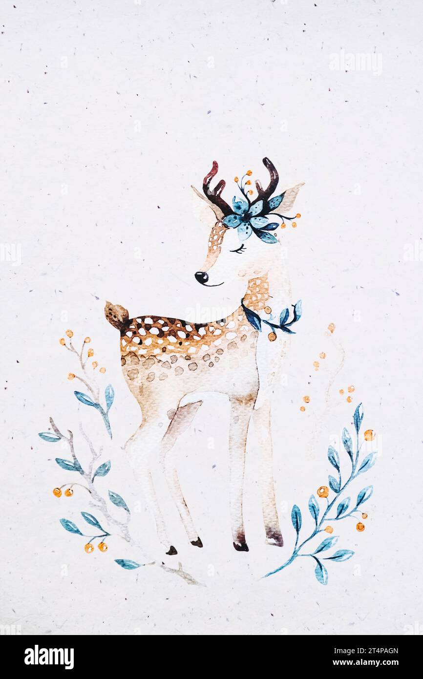  Karte mit einem süßen Rentier, gezeichnet in Aquarell Stockfotografie 