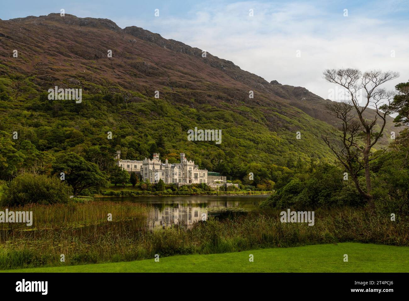 Kylemore Abbey ist ein Benediktinerkloster aus dem 19. Jahrhundert mit gotischer Architektur und viktorianischen ummauerten Gärten in Connemara, Irland. Stockfoto