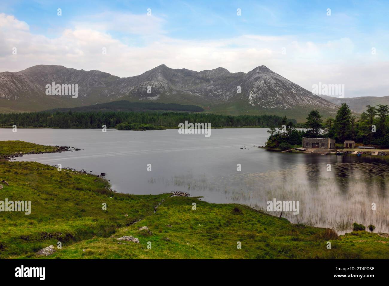 Der Lough Inagh ist ein Süßwassersee, der von Bergen, Wäldern und Wildtieren in Connemara, Irland, umgeben ist. Stockfoto