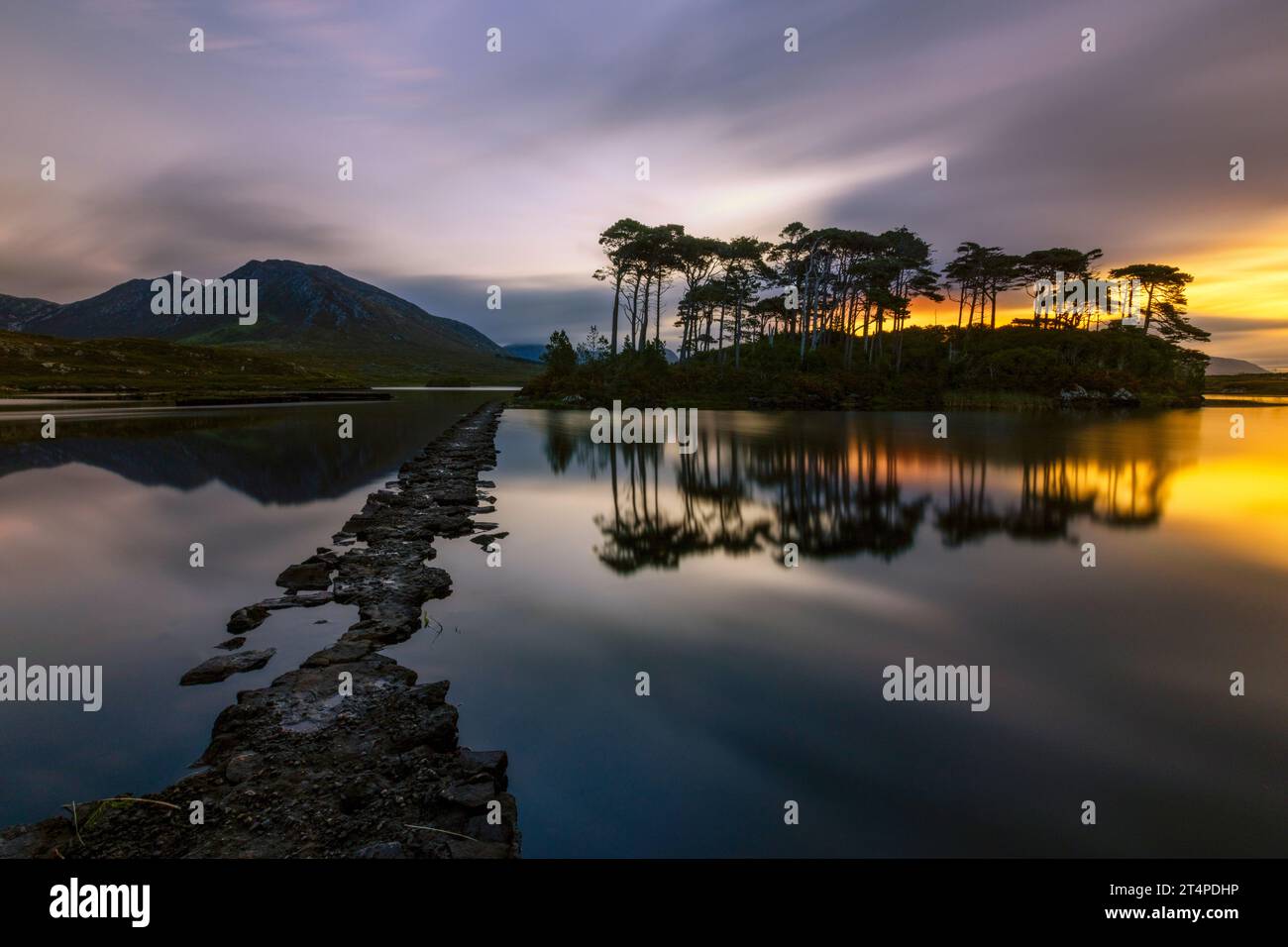 Derryclare Lough ist ein Süßwassersee, der von den Twelve Bens Bergen und Wäldern in Connemara, Irland, umgeben ist. Stockfoto