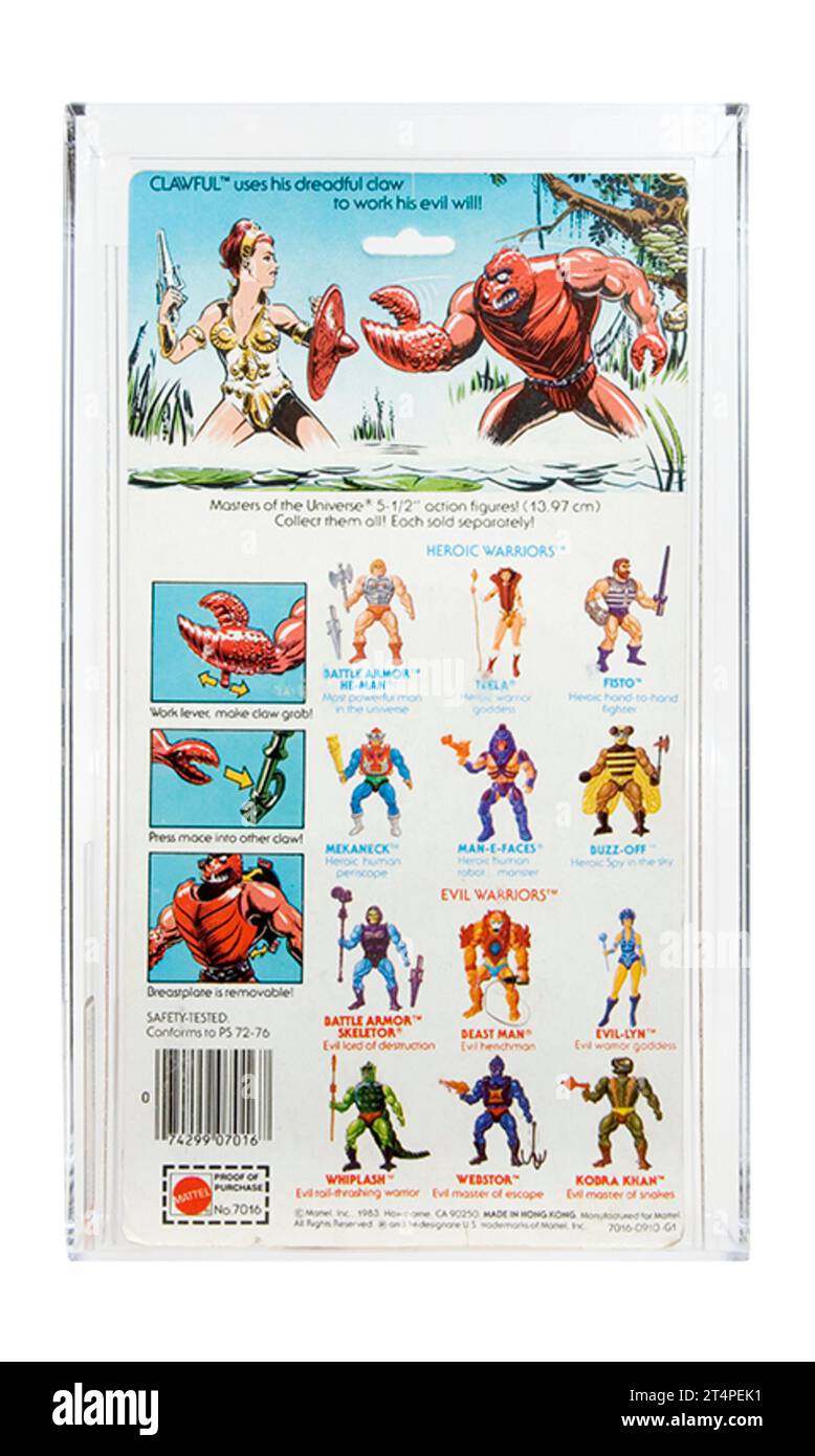 1984 Mattel Masters of the Universe Series 3 Clawy Carded Action Figur AFA 60-Y Stockfoto