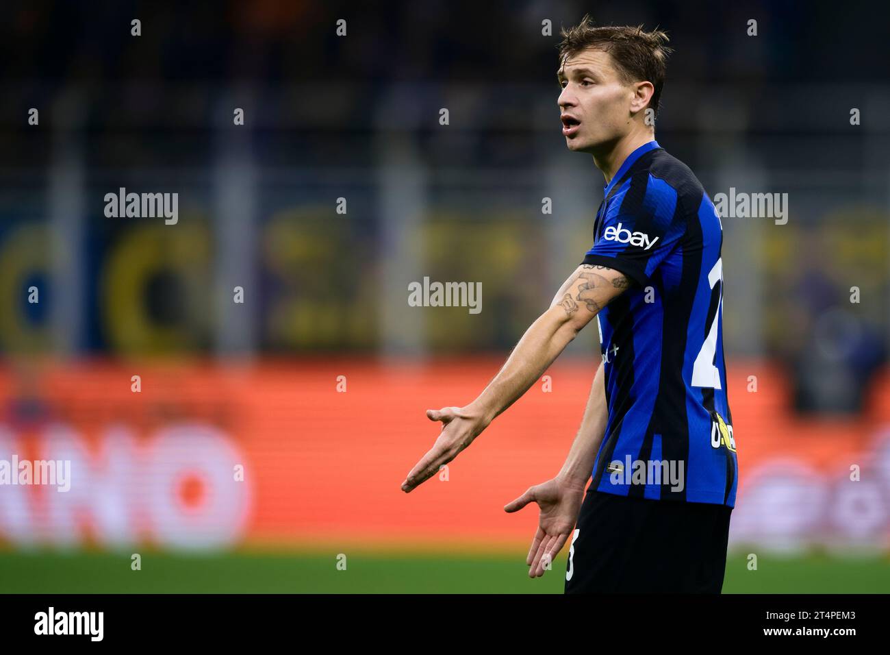 Nicolo Barella vom FC Internazionale reagiert während des Fußballspiels Serie A zwischen dem FC Internazionale und AS Roma. Stockfoto