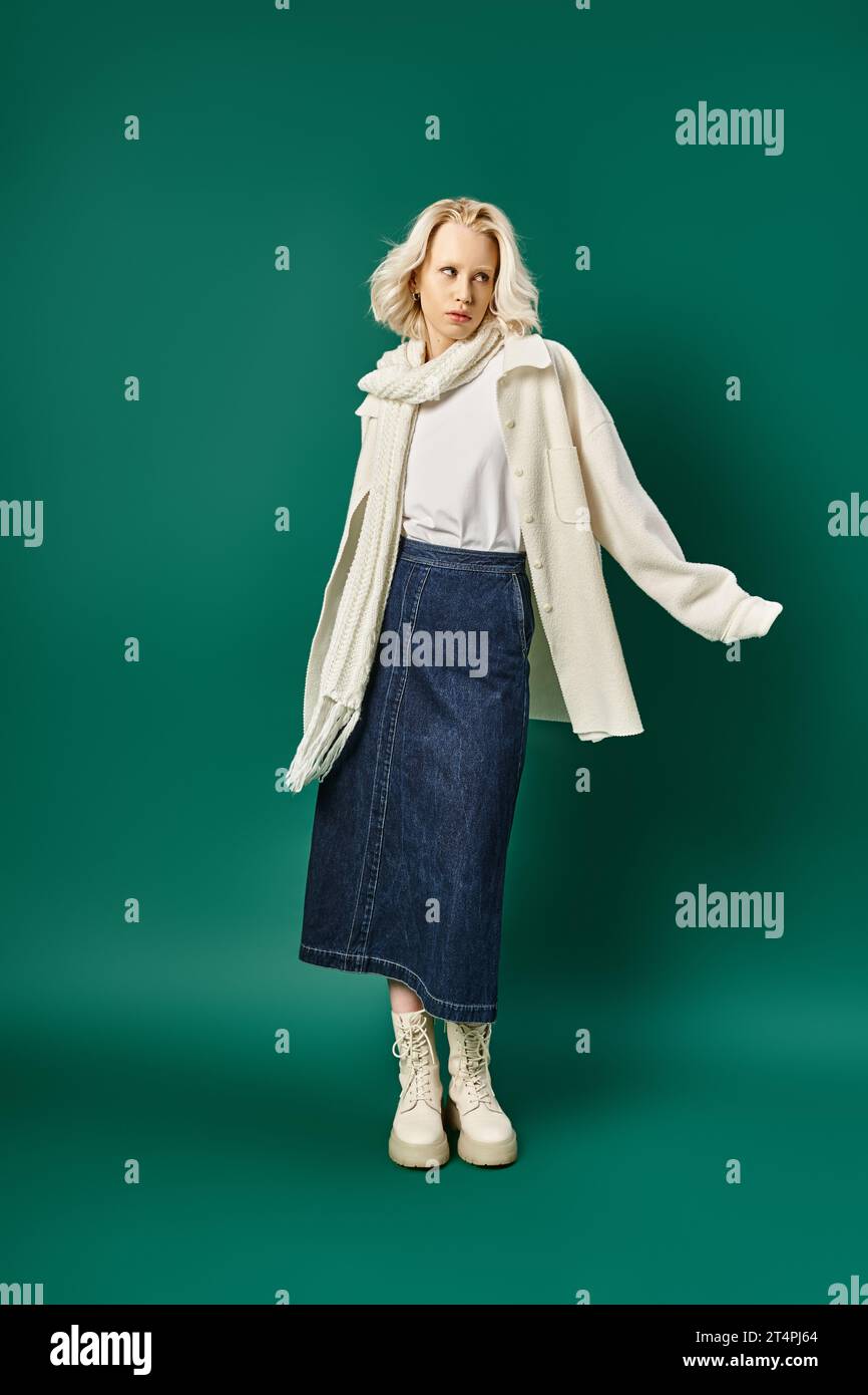 Blonde trendige Frau in weißer Jacke und Jeansrock, die vor türkisfarbenem Hintergrund posiert, Wintermode Stockfoto