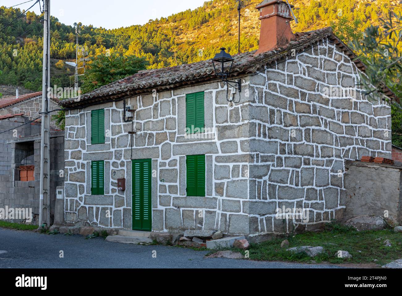 Altes ländliches Wohnhaus mit grünen Türen und Fensterläden und gekacheltem Dach in einem Dorf in der Provinz Avila, Spanien. Stockfoto