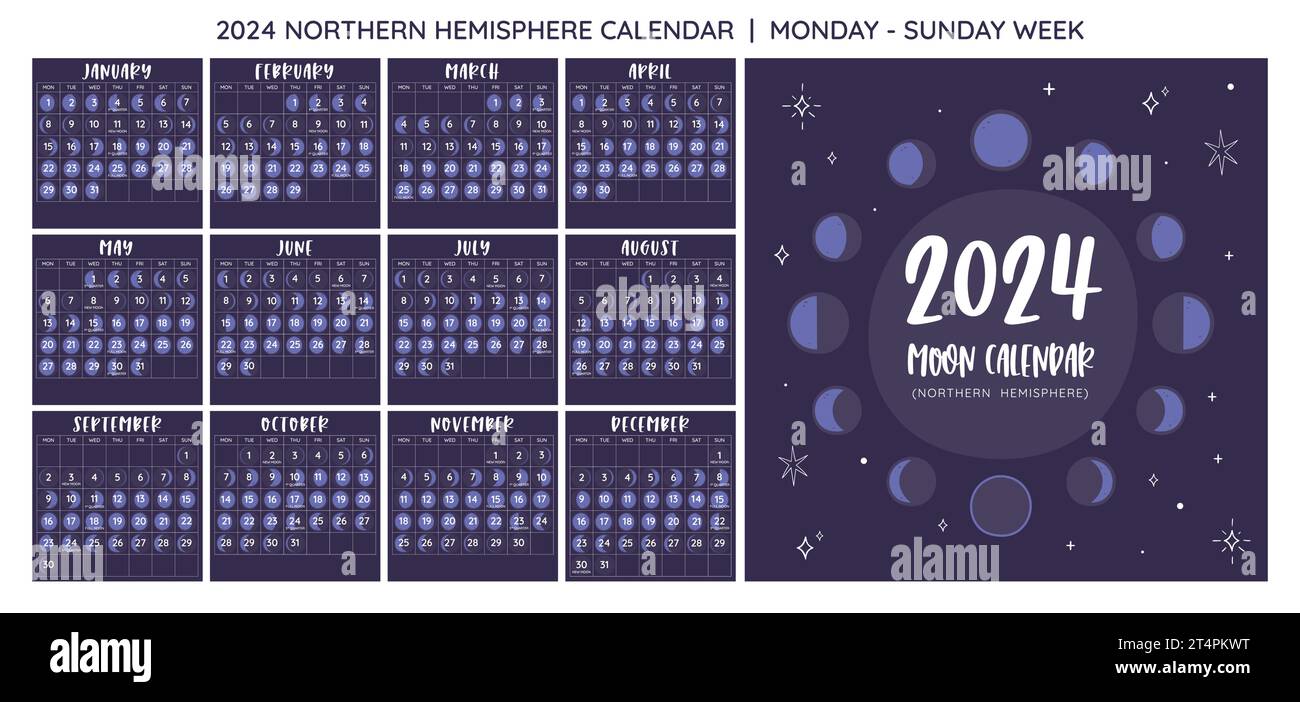 Kalender 2024. Mondphasen aus der nördlichen Hemisphäre. Quadratisches Format. Ein Monat pro Blatt. Die Woche beginnt am Montag. EPS-Vektor. Kein bearbeitbarer Text. Stock Vektor