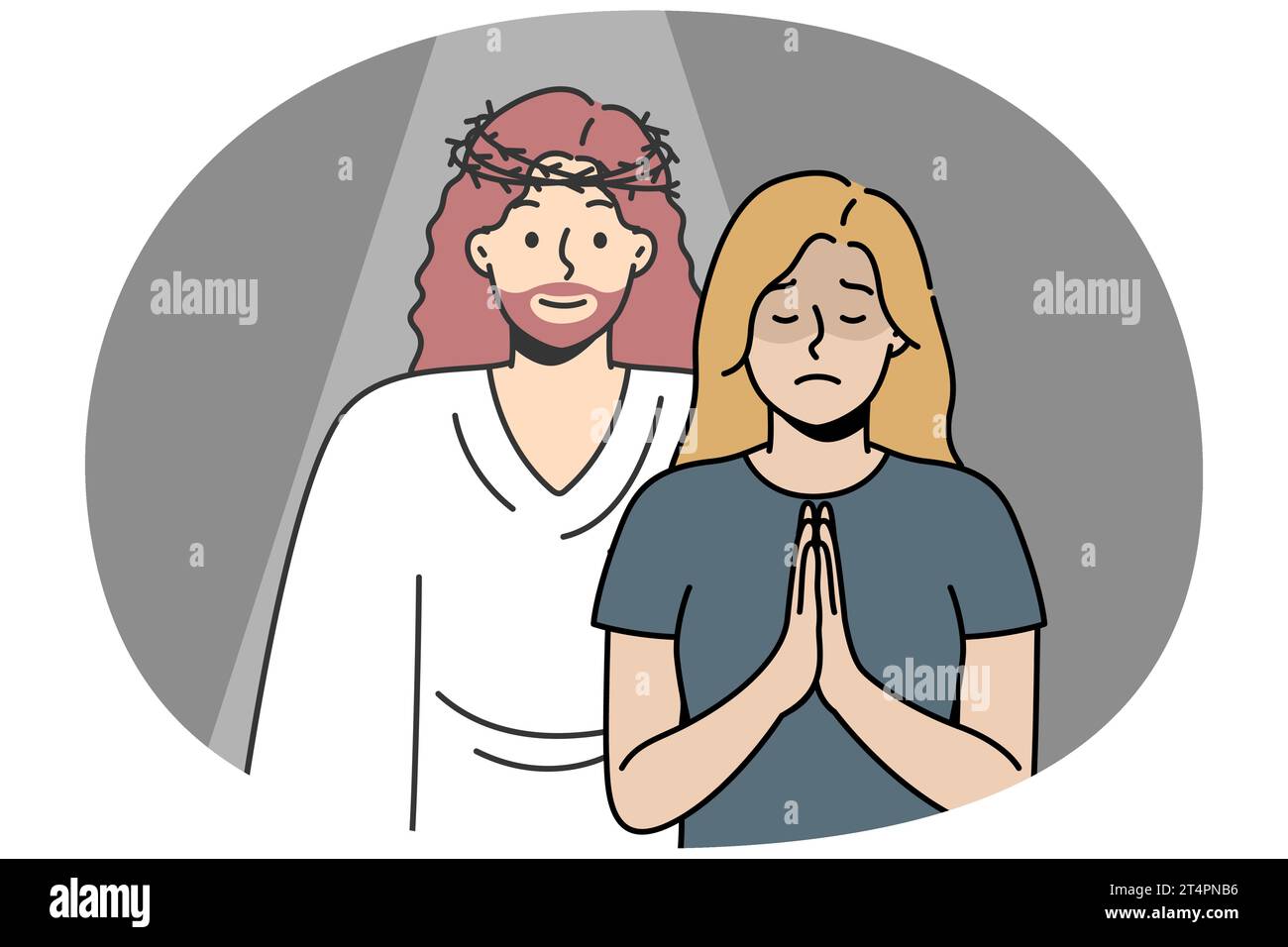 Die christliche Frau betet mit ihren Handflächen im Gebet zu Gott. Jesus Christus erschien dem blonden Mädchen als Antwort auf ihre Bitte. Engel erschien im Krisenmoment, Verzweiflung, um Trost, Hoffnung, Liebe zu geben. Stock Vektor