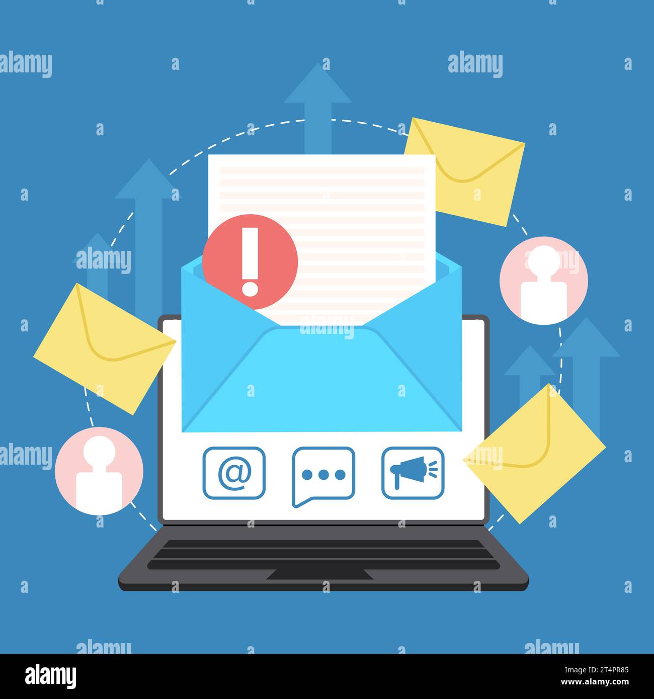 E-Mail-Marketing-Konzept, Laptop- und digitale Briefe oder Dokumente. Webservices für Benutzer, Benachrichtigungen und Arbeitsnachrichten. Geschäftlich anständige Vektorszene Stock Vektor