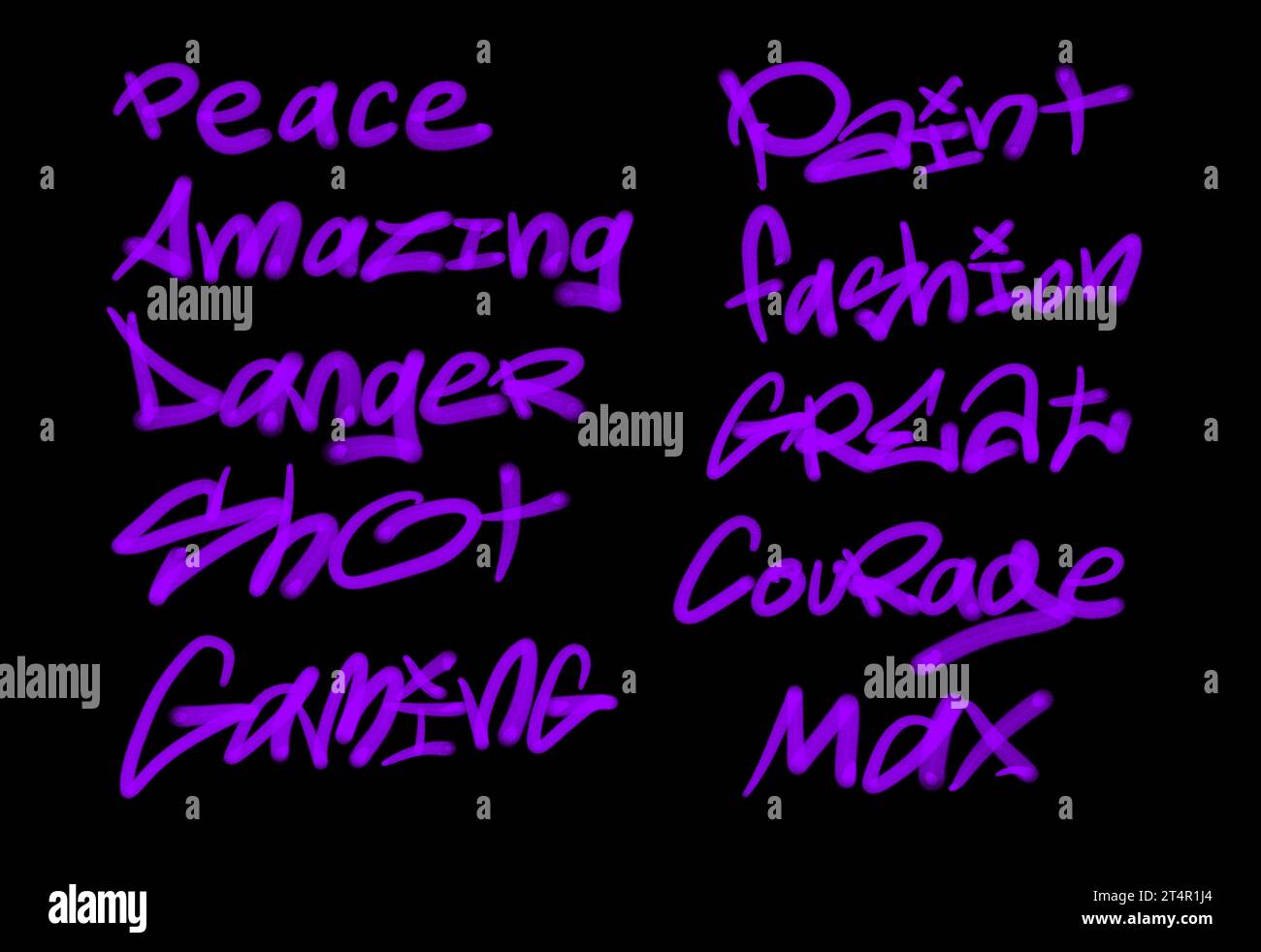 Sammlung von Graffiti Street Art Tags mit Wörtern und Symbolen in violetter Farbe auf schwarzem Hintergrund Stockfoto