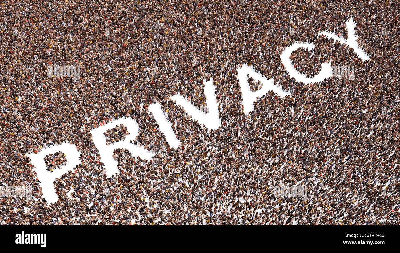 Konzept oder konzeptionelle große Gemeinschaft von Menschen, die das Wort PRIVATSPHÄRE bilden. metapher zur 3D-Darstellung vertraulicher und persönlicher Informationen, Sicherheit Stockfoto