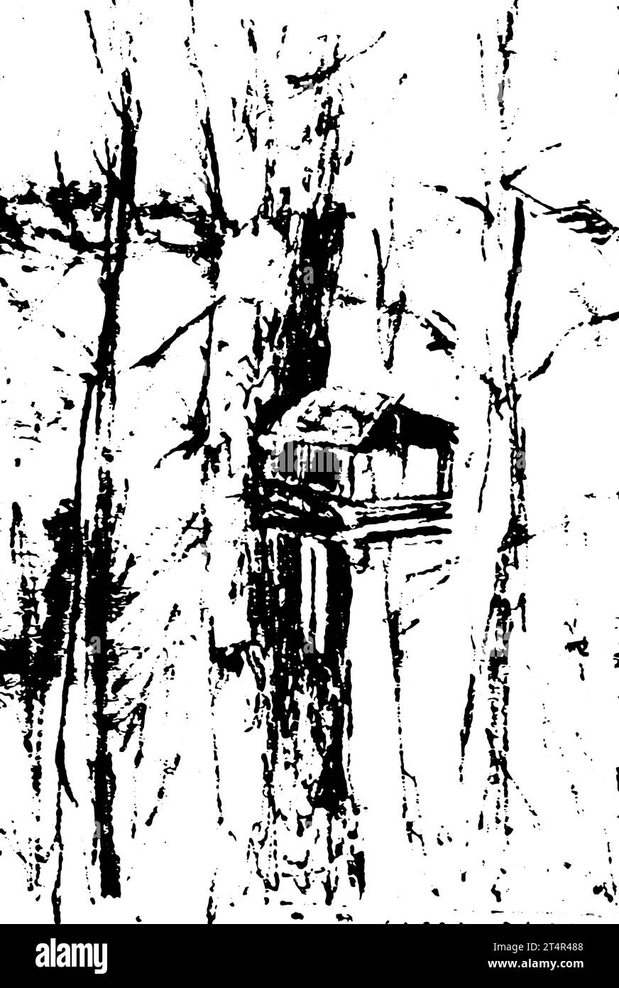 Vogelfutter auf einem Baum. Vektorgrafik von Hand gezeichnet. Schlampiger Grunge-Style mit Doodle Stock Vektor