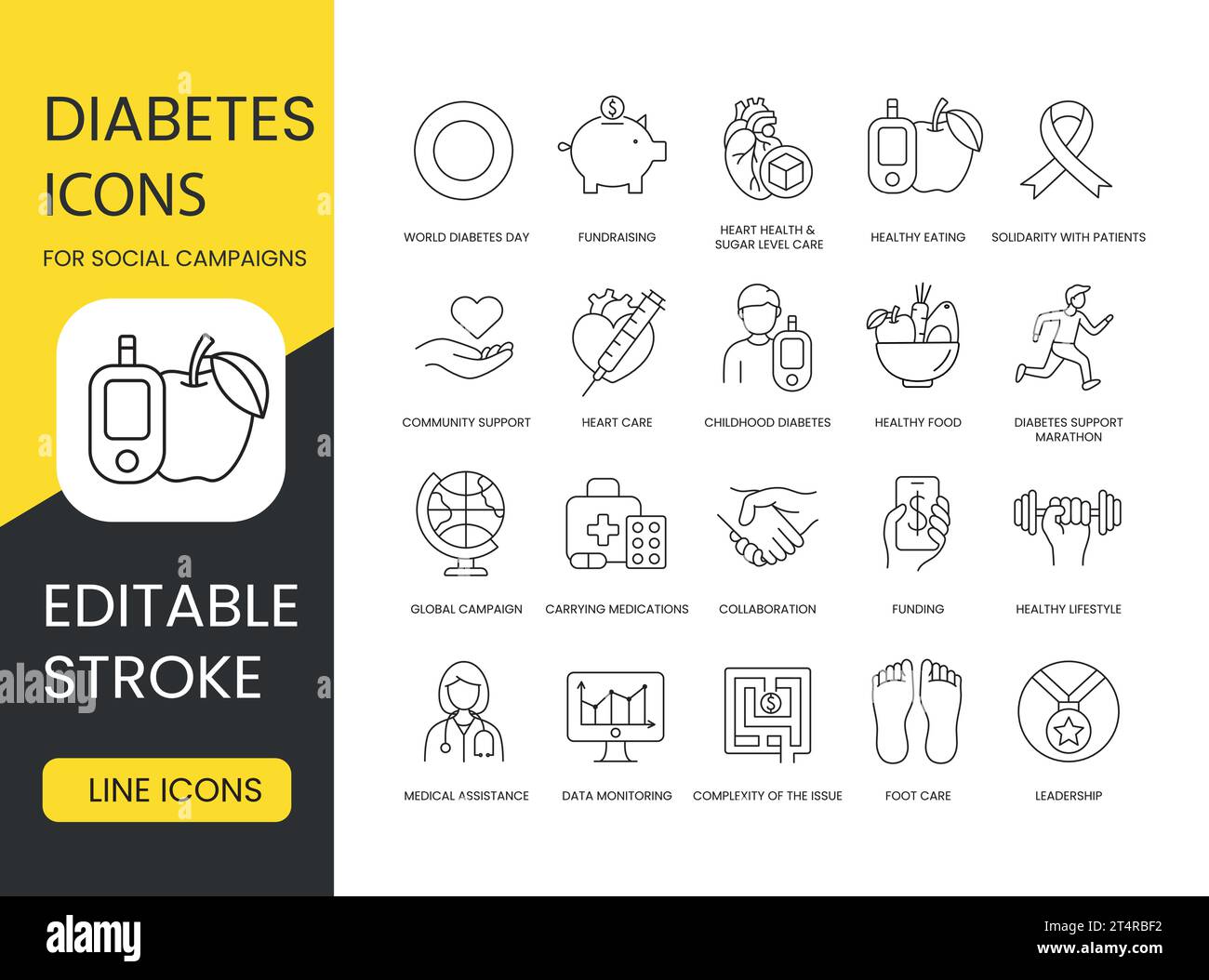 Diabetes Icon Set für wirkungsvolle soziale Kampagnen, gesunde Ernährung, Spendensammlung, Solidarität mit Patienten, Herzgesundheit, Zuckerniveaupflege, Welt Stock Vektor
