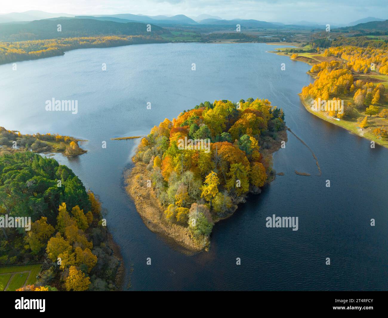 Luftaufnahme der kleinen Insel Tom Dubh mit Wäldern in Herbstfarben auf Loch Insh am River Spey, Kincraig, Scottish Highlands, Schottland, Großbritannien Stockfoto