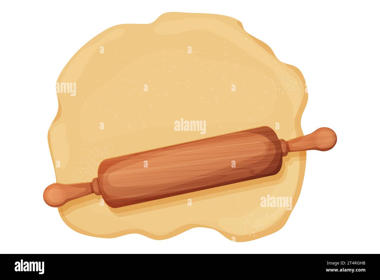 Hölzerne Nudelnadel mit Teig und Mehl Griff kulinarische Ausrüstung im Zeichentrickstil isoliert auf weißem Hintergrund. Walze mit Holzstruktur, Utensilien, Backrezept. Vektorabbildung Stock Vektor