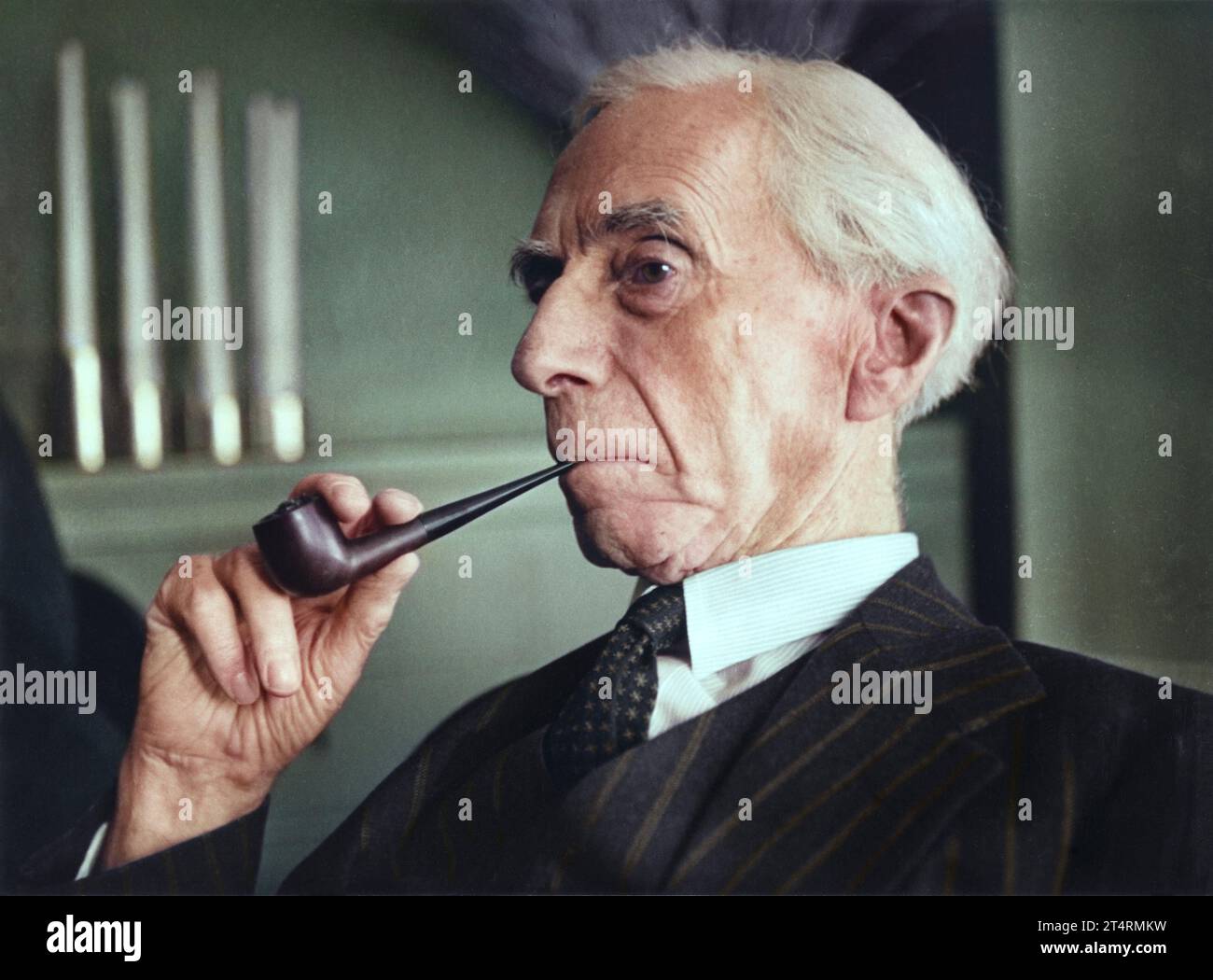 Bertrand Russell. Pressekonferenz New York, 1950. Von Keystone Press Agency. Fotografischer Träger, Gelatinedruck. Stockfoto