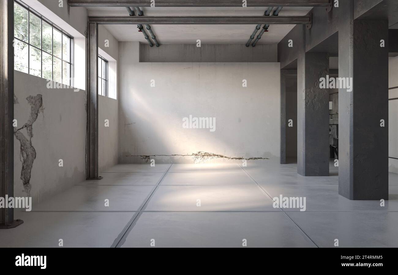 Industrieller Stil mit leerem Innendesign mit Grunge-Wänden, Loft-Stil, 3D-Rendering Stockfoto