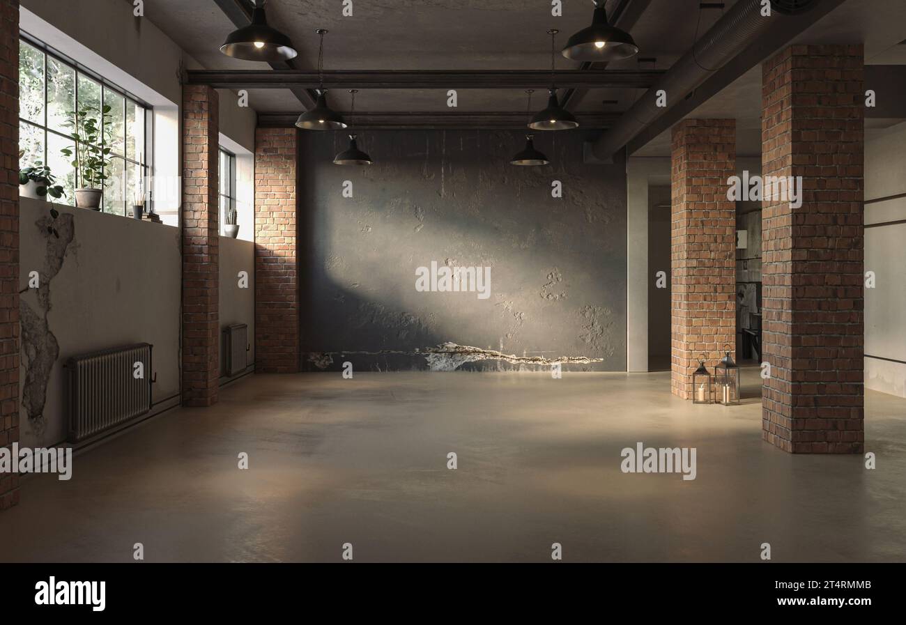 Industrieller Stil mit leerem Innendesign mit Grunge-Wänden, Loft-Stil, 3D-Rendering Stockfoto
