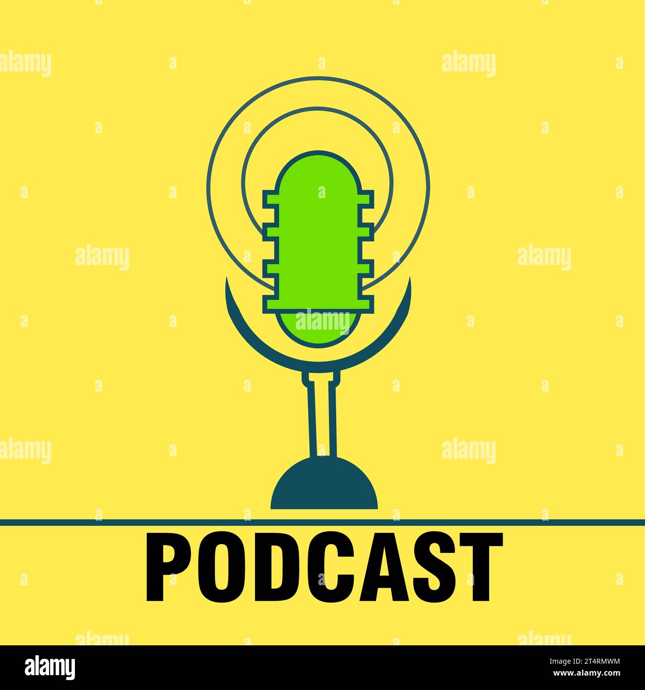 Abbildung des Podcast-Radiosymbols. Studio-Tischmikrofon mit Broadcast-Text-Podcast auf gelbem Hintergrund Stock Vektor