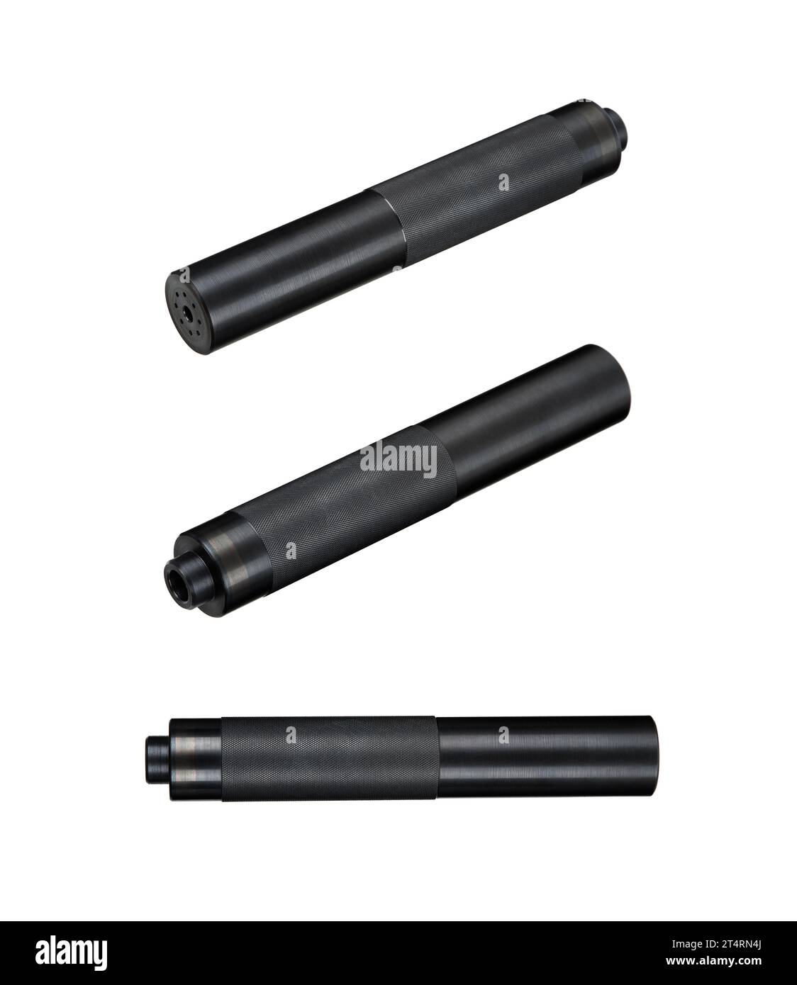 Schwarzer Schalldämpfer für Waffen. Suppressor, der am Ende eines Sturmgewehrs steht. Isolieren auf weißem Hintergrund. Stockfoto