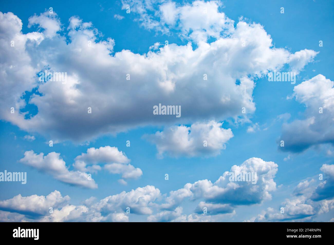 In dieser malerischen Szene ist der Himmel ein beruhigendes Blau, das von der Anwesenheit flauschiger weißer Kumuluswolken geschmückt wird und eine beruhigende und friedliche Atmosphäre erzeugt Stockfoto