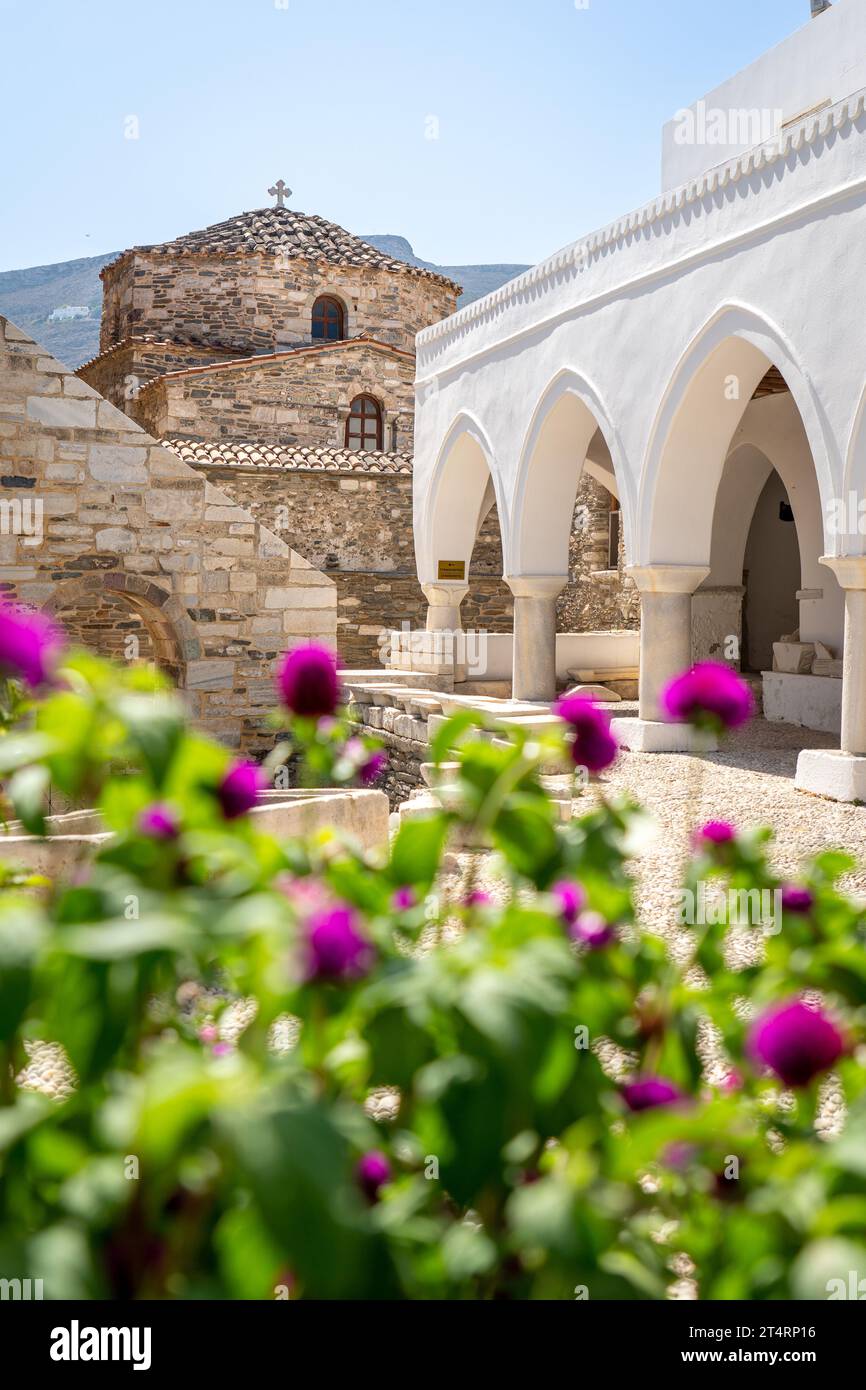 Blumen im Innenhof von Panagia Ekatontapiliani in Paros Stockfoto