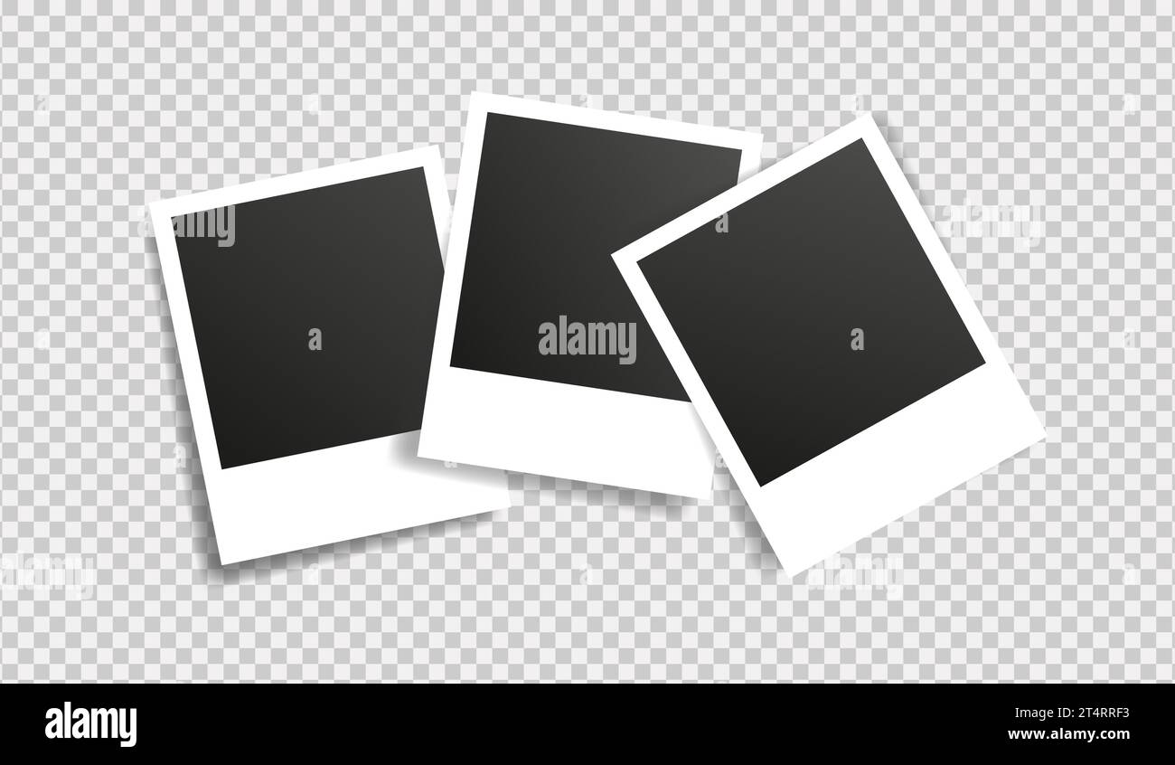 Satz realistischer Fotovorlagen. Drei leere Polaroid-Bilderrahmen verspotten mit Schatten. Vektorabbildung auf transparentem Hintergrund. Stock Vektor