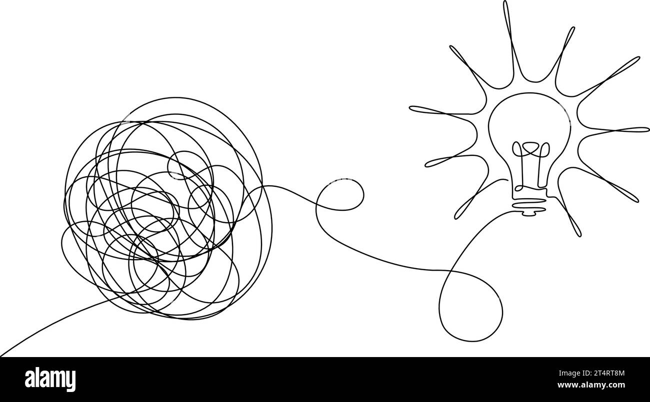 Ideengenerierung und Ideensammlung Konzept, Brainstorming von durchgängigen einzeiligen Zeichnungen mit komplexen verwickelten Linien, die sich zu leuchtendem Licht entwirren Stock Vektor