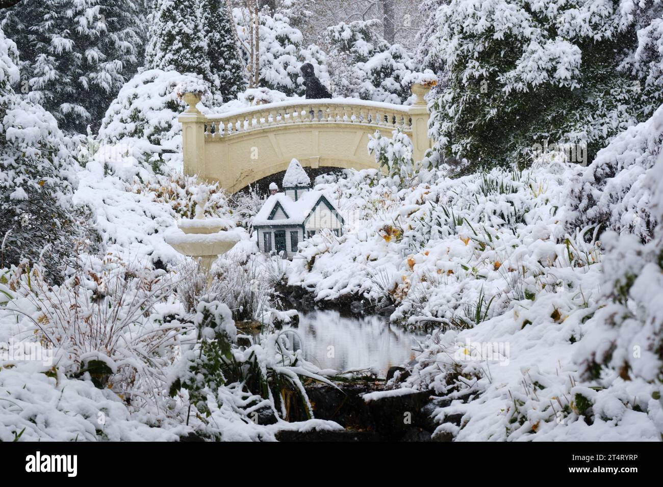 Die Upper Bridge an den Halifax Public Gardens verwandelt sich in ein Winterwunderland, da die Stadt den ersten Schnee der Saison erhält. Die 1911 erbaute Bogenkonstruktion ist eines der beliebtesten Merkmale der Gärten. Mit einem Sturz von 5 bis 10 cm auf den Boden erhält der Garten einen märchenhaften Look. Stockfoto