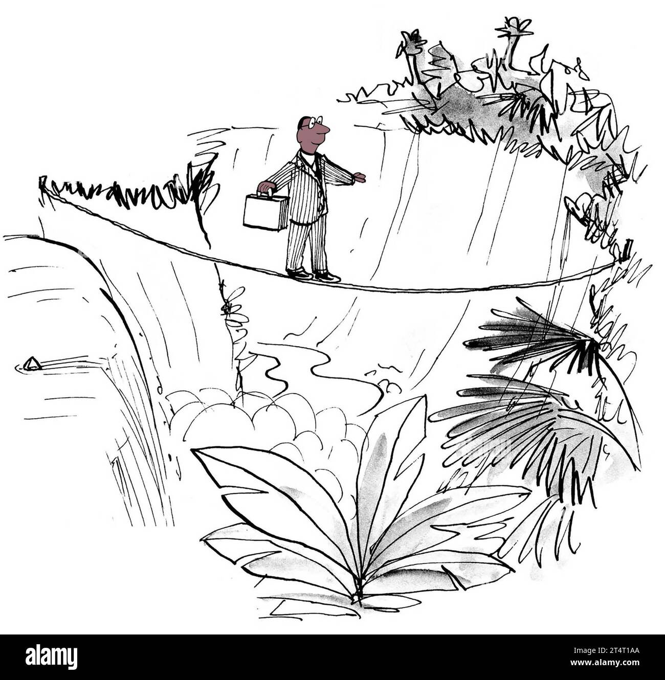 Der afroamerikanische Geschäftsmann geht vorsichtig auf einem Drahtseil und nähert sich seinen neuen Märkten. Stockfoto