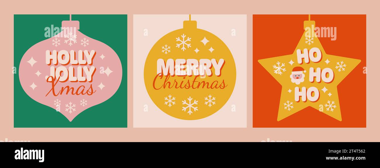 Set aus moderner festlicher Phrase mit Weihnachtskugeln. Holly Jolly Xmas, frohe Weihnachten, ho ho ho ho ho. Vektorabbildung Stock Vektor