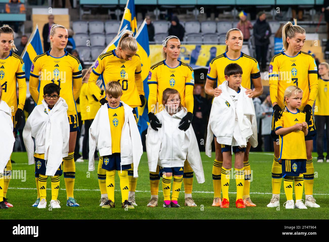 Göteborg, Schweden. Oktober 2023. Die schwedischen Spieler stellen sich für das Spiel der UEFA Nations League zwischen Schweden und der Schweiz bei Gamla Ullevi in Göteborg an. (Foto: Gonzales Photo - Amanda Persson). Stockfoto