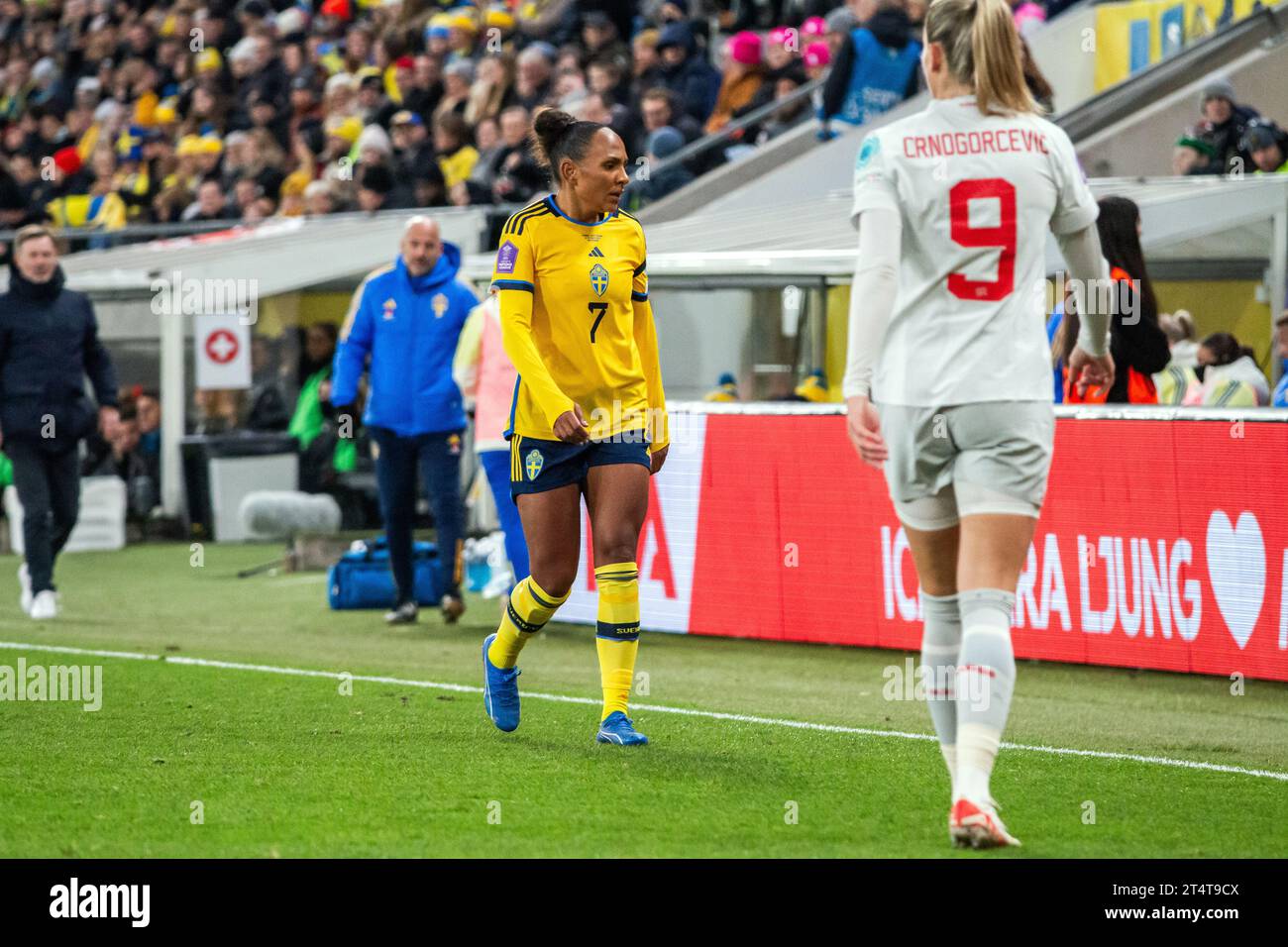 Göteborg, Schweden. Oktober 2023. Madelen Janogy (7) aus Schweden wurde während des Spiels der UEFA Nations League zwischen Schweden und der Schweiz bei Gamla Ullevi in Göteborg gesehen. (Foto: Gonzales Photo - Amanda Persson). Stockfoto