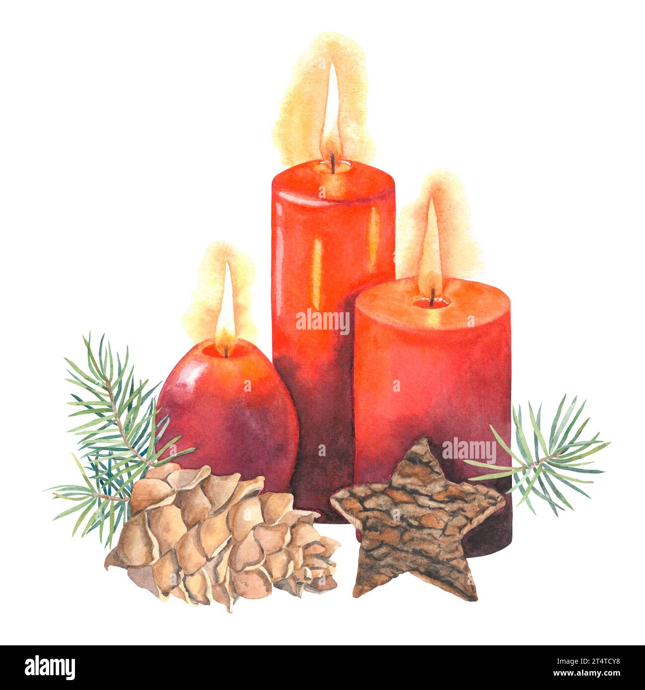 Weihnachten Aquarellkomposition mit roten Kerzen, Tannenzapfen, Tannenzweigen und Baumrinde. Design für Karten, Einladungen, Geschenkpapier, Textil Stockfoto