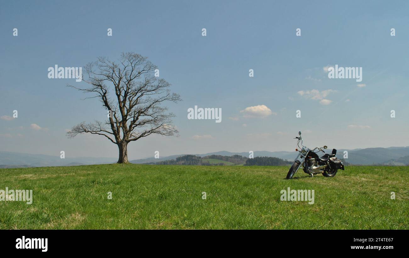 Motorradtour im Vintage-Chopper am Sommertag. Benutzerdefinierter Stil. Ledertaschen. Stockfoto