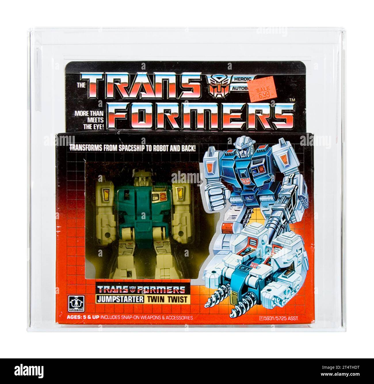 1985 Hasbro Transformatoren der 1. Generation 2 Jumpstarter Box Twin Twist AFA 80-Y in der Nähe von Münzprägeanstalt Stockfoto