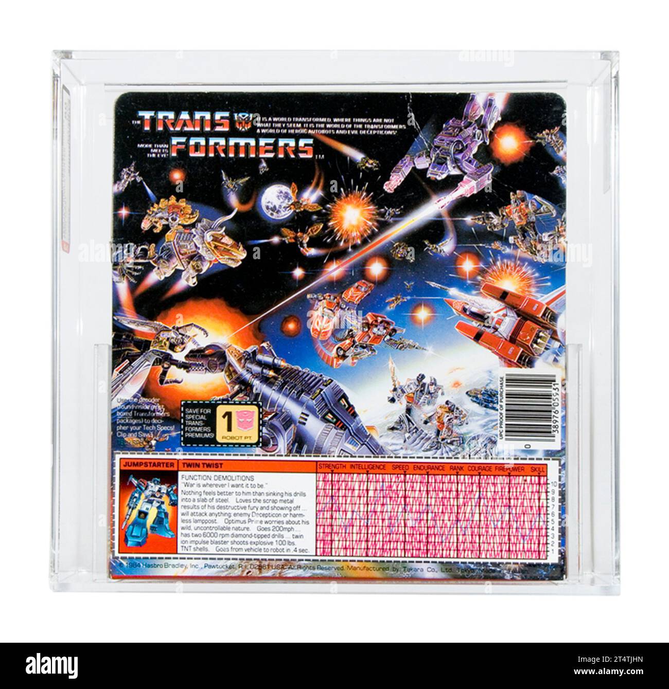 1985 Hasbro Transformatoren der 1. Generation 2 Jumpstarter Box Twin Twist AFA 80-Y in der Nähe von Münzprägeanstalt Stockfoto