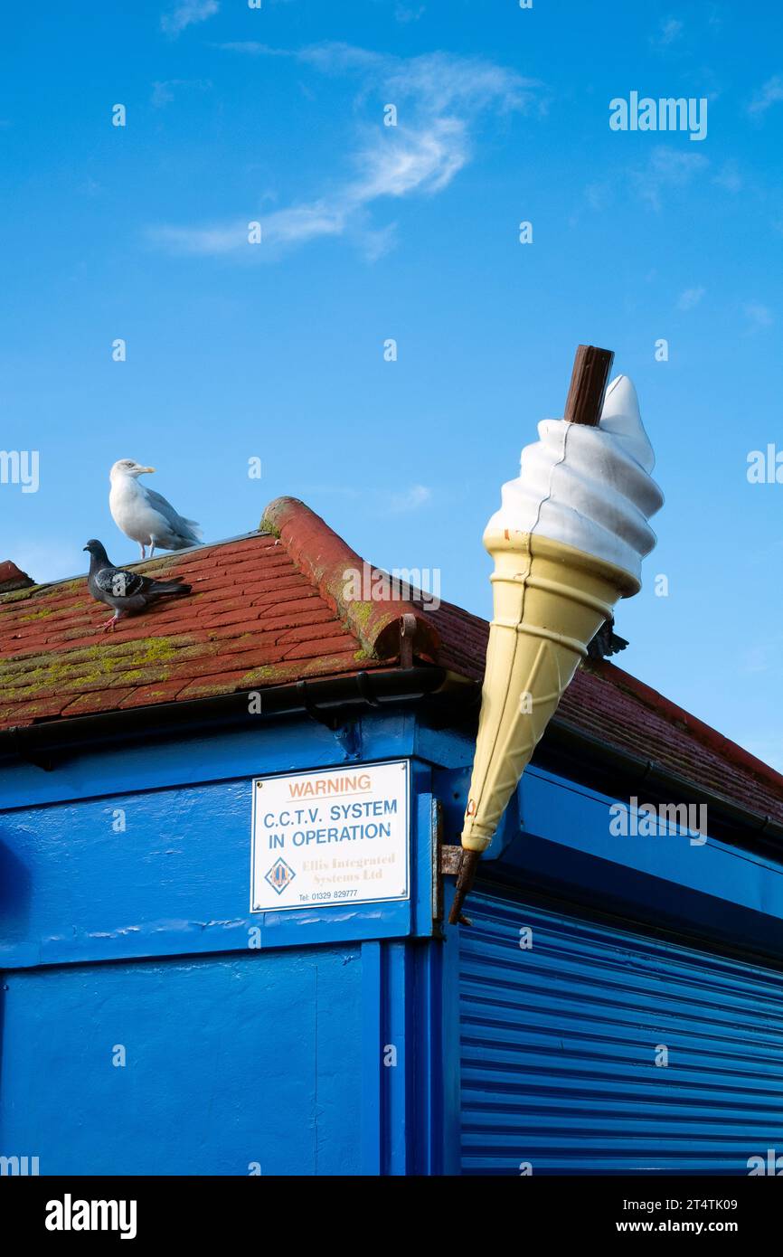 Vögel Tauben Möwe saßen auf einem saisonalen Eisverkäufer am Meer neben dem großen Modell southsea portsmouth england uk Stockfoto