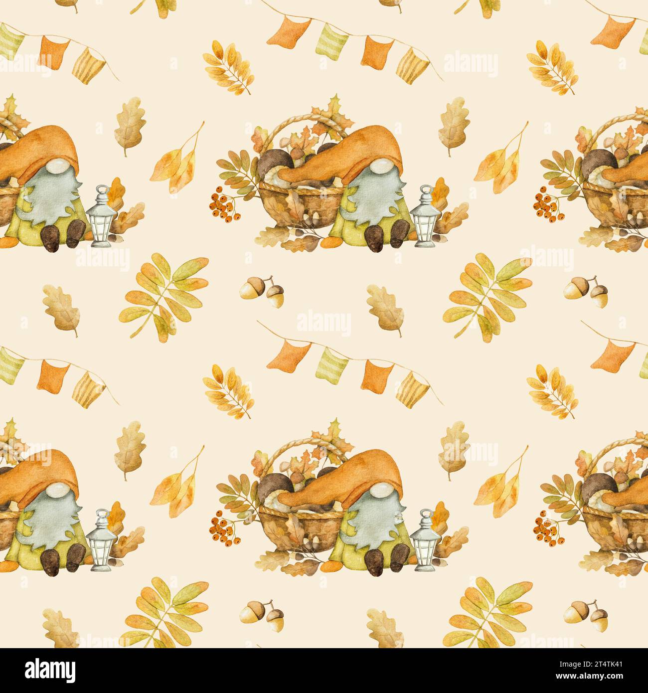 Süßer Herbstzwerg mit Kürbisernte, Aquarellmalerei, nahtlosem Muster. Herbstsaison Cartoon-Zwerg mit orangefarbener Gemüsemalerei Stockfoto