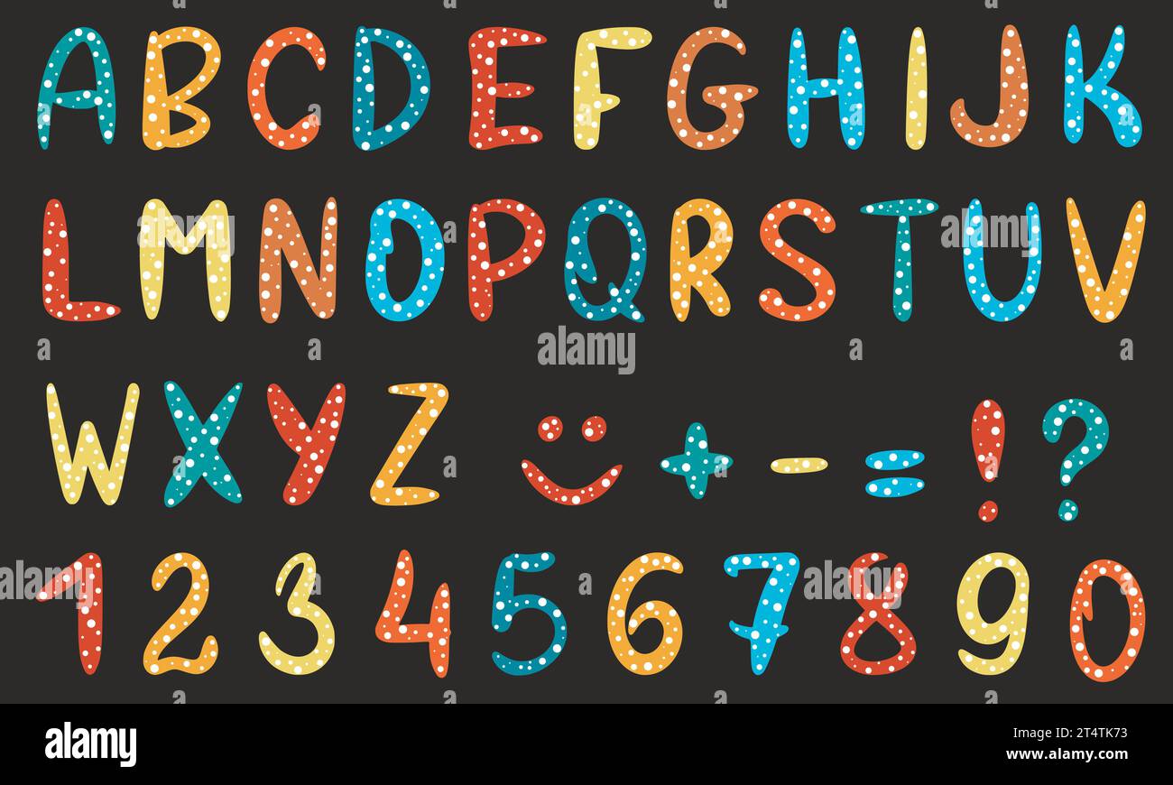 Grafischer Vektor setzt englisches Alphabet. Niedliche farbige Buchstaben und gesprenkelte Zahlen. Babysymbole zum Schreiben und Gestalten von Karten, Poster und Einladungen Stock Vektor