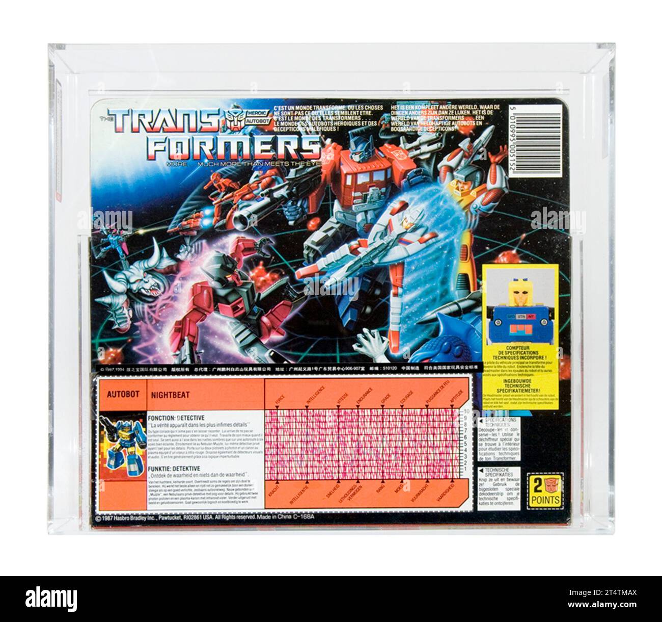 1988 Hasbro Europe Transformers Generation 1 Serie 5 Schulleiter Nightbeat Spielzeugbox AFA 80-Y in der Nähe von Münzprägeanstalt Stockfoto