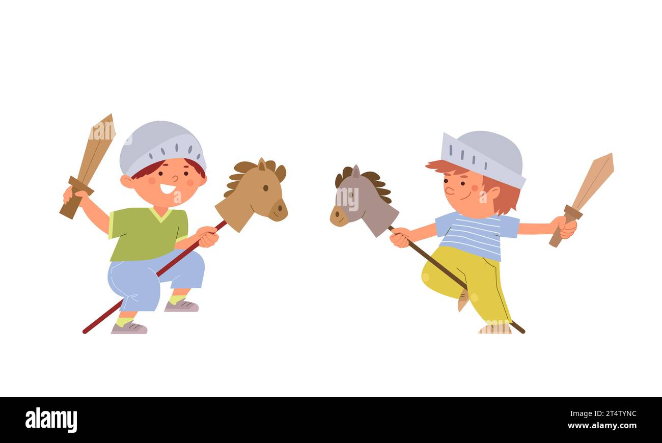 Zwei Kinder reiten auf Spielzeugpferden, spielen Ritter und kämpfen mit Holzschwertern. Spielekonzept für Kinder. Vektor-Illustration in Zeichentrick-Flat-Stil Stock Vektor