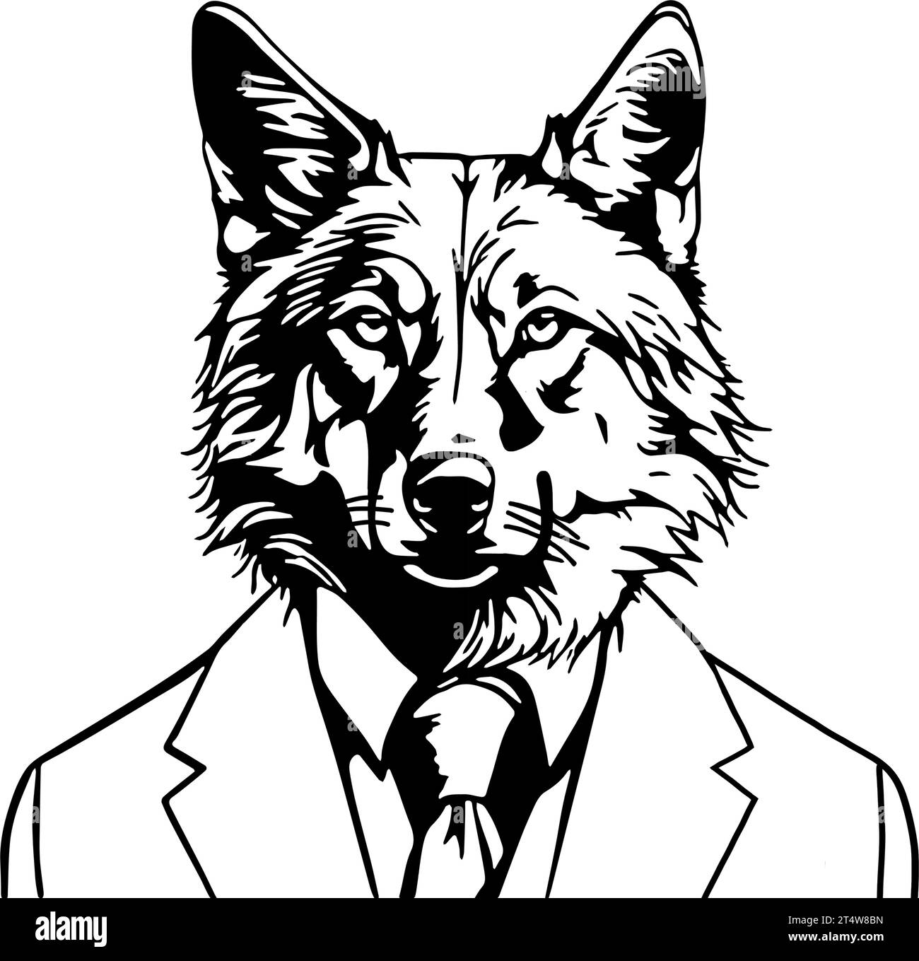 Schwarze Umrisse zeigen einen Wolf, der einen Business-Anzug trägt. Der Vektor symbolisiert typische Merkmale eines Wolfs, die auch ein Geschäftsmann haben kann. Stock Vektor