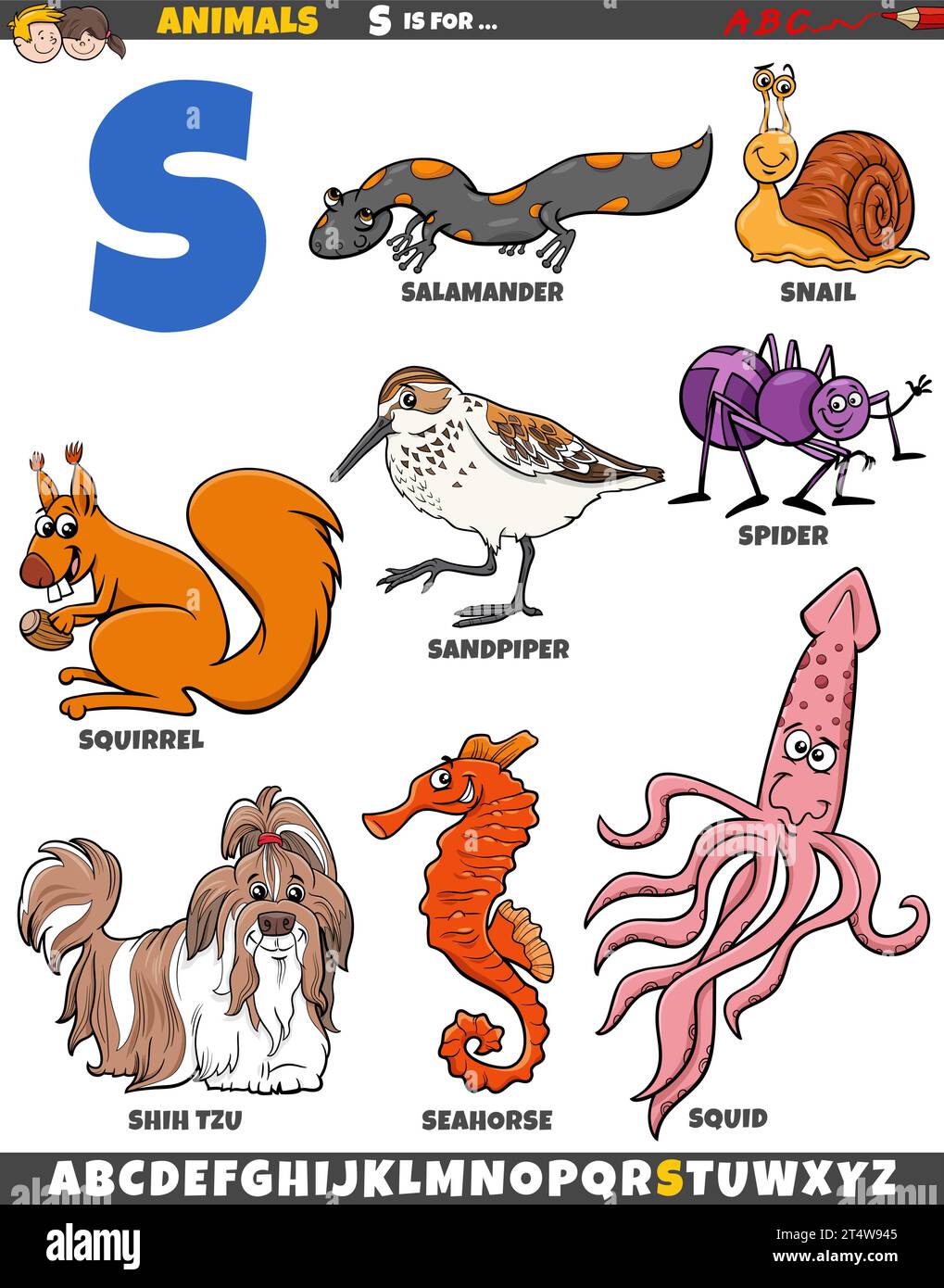 Zeichentrickillustration von Tierfiguren, die für den Buchstaben S gesetzt wurden Stock Vektor