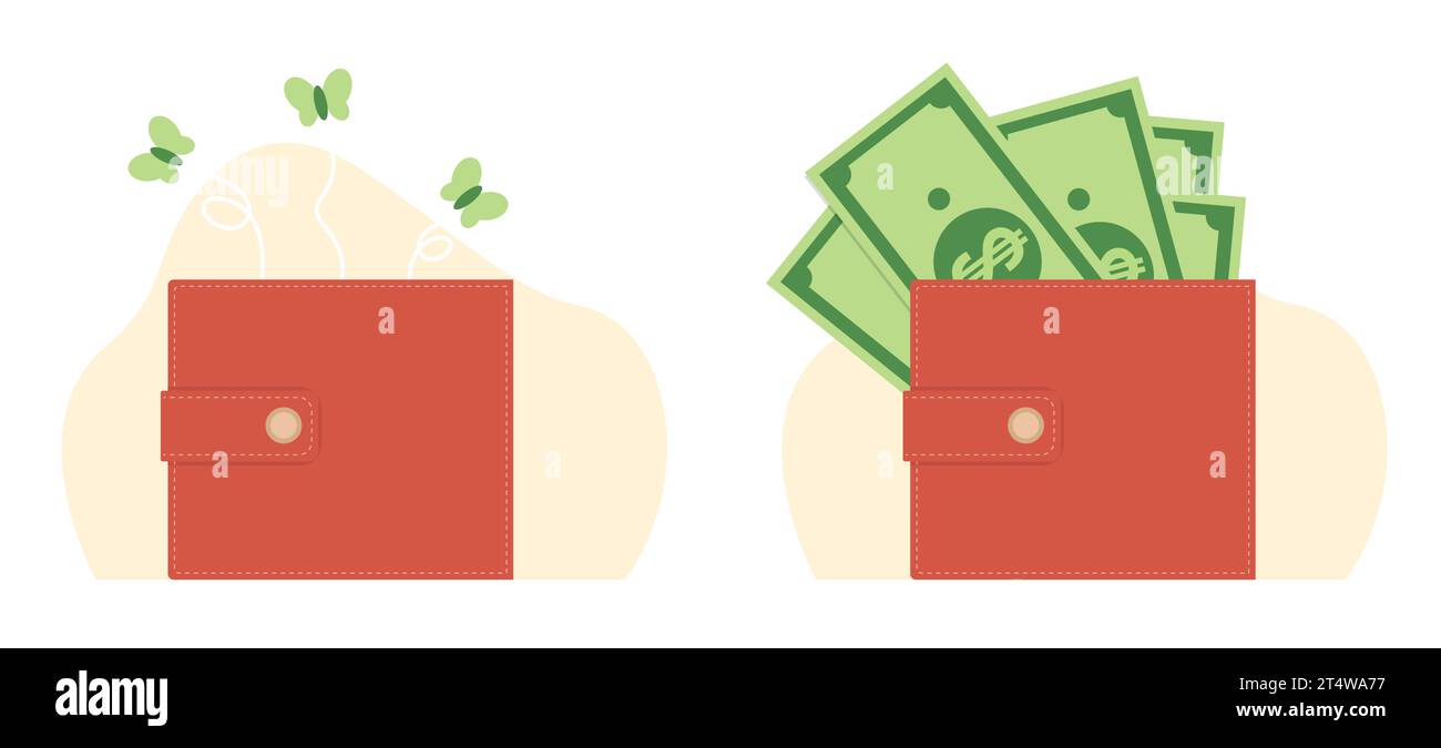 Brieftasche voll Geld und leer mit Motten. Zubehör für Bargeld und Münzen. Reiche und arme Menschen. Finanzkrise und Einsparungen. Cartoon Flat isoliert Stock Vektor