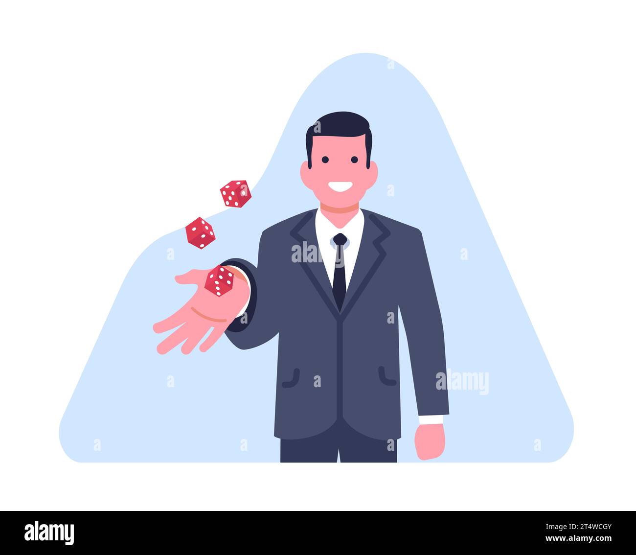 Geschäftsmann würfelt. Croupier lädt Sie ein, Ihr Glück beim Roulette zu versuchen. Glücksspiel. Büroangestellter wirft Spielwürfel. Unternehmensunsicherheit Stock Vektor