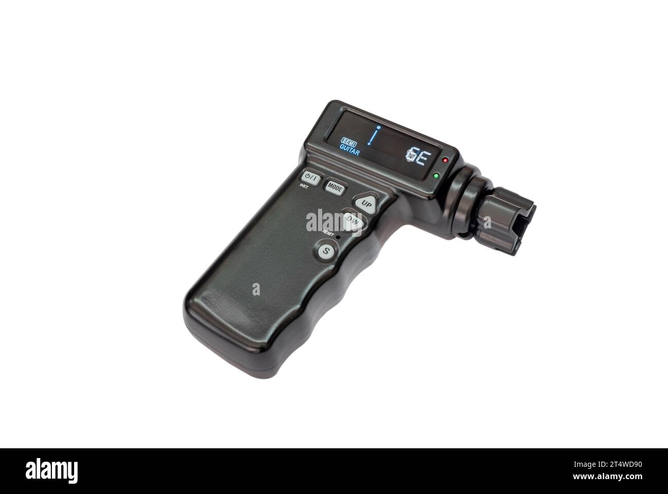 Automatischer Tuner für Guitar Ukulele, isoliert auf weißem Hintergrund, sechste Saitennote E niedrig Stockfoto