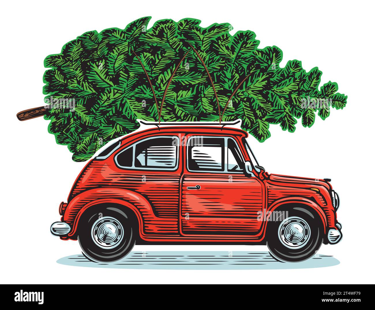 Weihnachtsrotes Retro-Auto mit grüner Kiefer. Vektor-Illustration zu glücklichen Feiertagen Stock Vektor