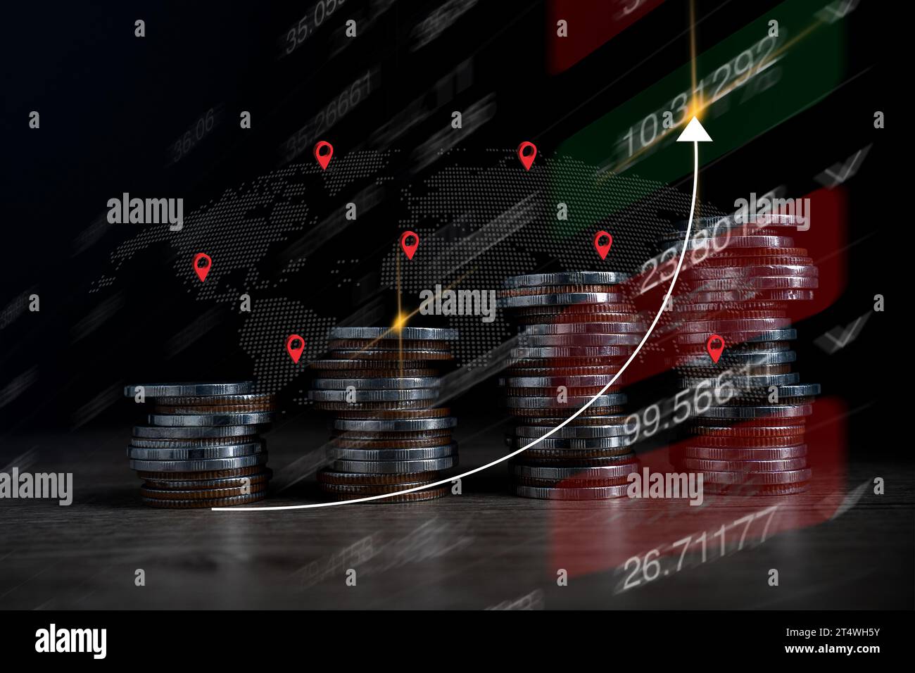 Stapel von Münzen mit Diagramm Diagramm Wachstum Diagramm Wirtschaftswachstum Diagramm. Geschäftsstrategie Stockfoto