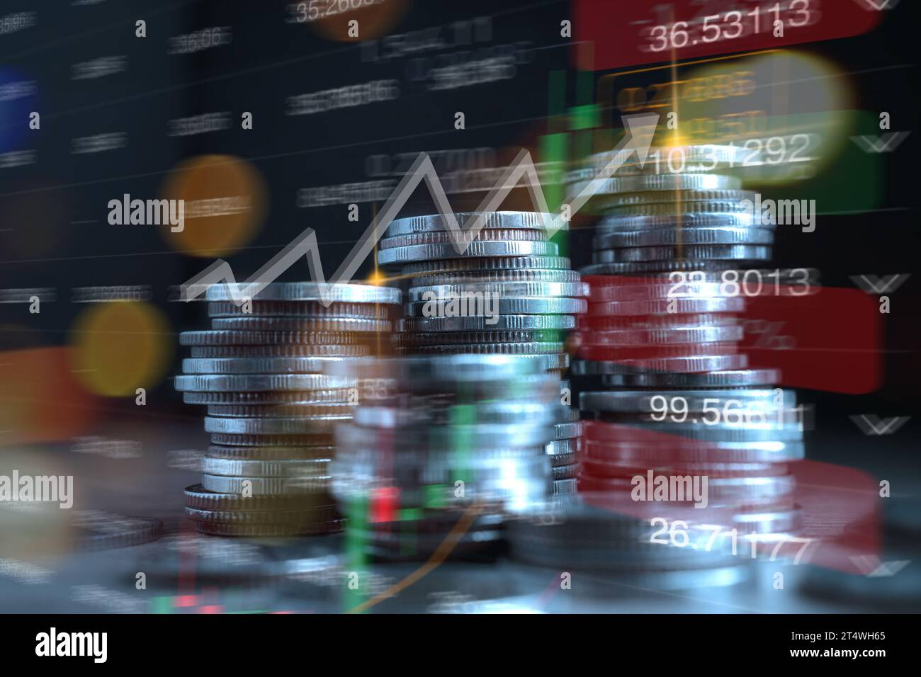 Stapel von Münzen mit Diagramm Diagramm Wachstum Diagramm Wirtschaftswachstum Diagramm. Geschäftsstrategie Stockfoto