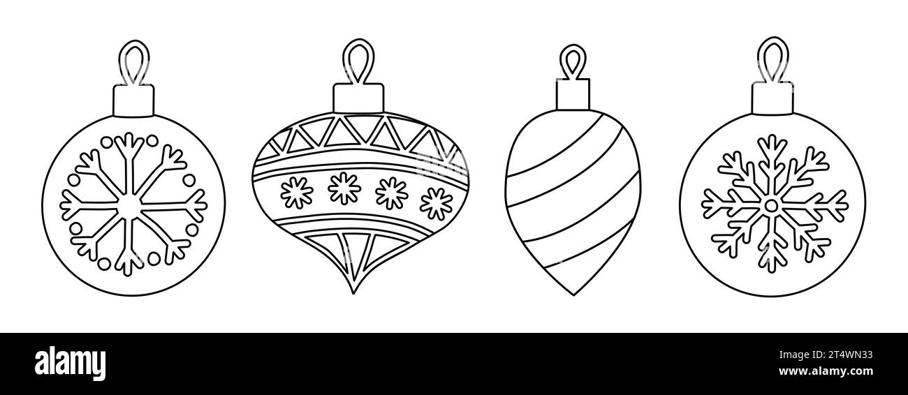 Weihnachtsbaum Dekoration Spielzeug Set, Doodle Stil flache Vektor Umrissillustration für Kinder Malbuch Stock Vektor