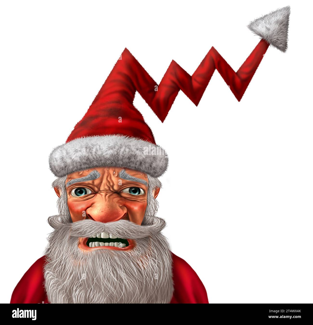 Steigende Preise für Weihnachtsgeschenke und Weihnachtsinflation als Geschäftskonzept als Weihnachtsmann im Symbol für den wirtschaftlichen Anstieg der Preise für Waren und Dienstleistungen Stockfoto